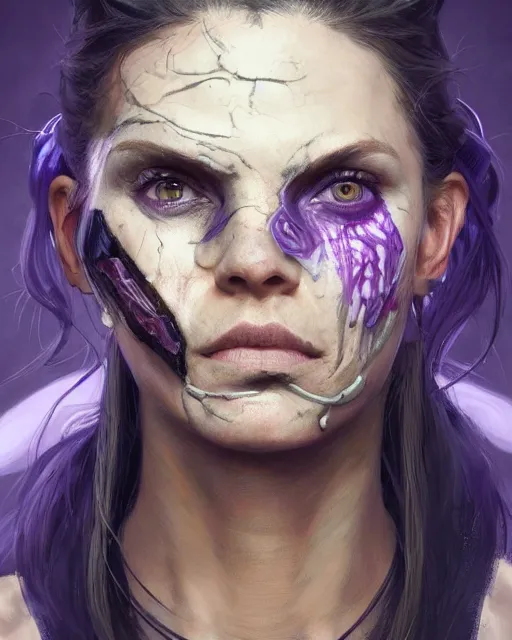 Prompt: '' Face portrait of a fighter with a scarred eye, reptile skin, purple eyes, long hair with a ponytail , sci-fy, cyberpunk, high detail, 4k , digital painting, artstation, concept art, sharp focus, illustration, art by greg rutkowski and alphonse mucha ''