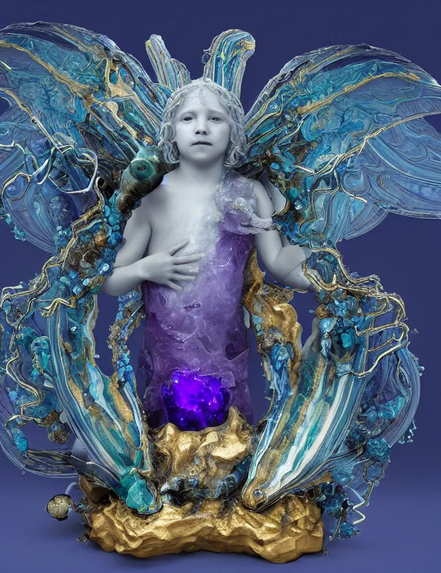 Image similar to a sculpture of a winged child made from blue and emerald and amethyst crystal geode formations with floawing marble water with obsidian base with liquid gold tendrils flowing by ellen jewett by stanisław szukalski, octane render, byzantine, spirals, elestial crystals, geode,