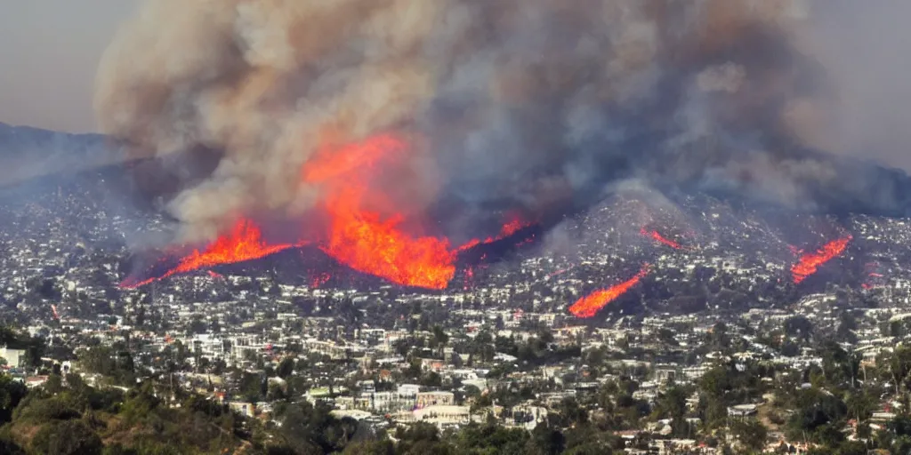 Prompt: hollywood hills on fire, logo on fire, landmark apocalypse