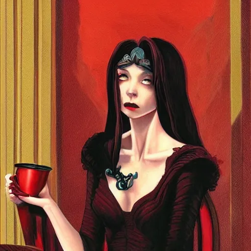 Prompt: beautiful dark young princess in style of gerald brom, very dark red dress, black hair in braids, sitting on an ornate throne, drinking coffee