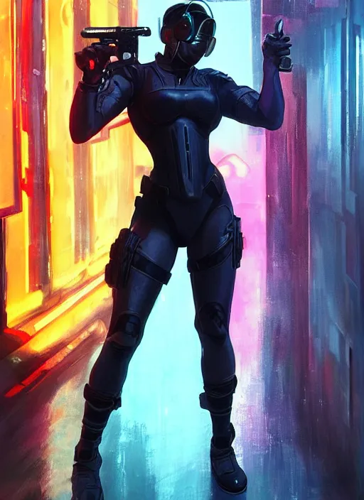 Image similar to black chun li. cyberpunk police trooper in tactical gear. plastic raincoat. rainy city. blade runner 2 0 4 9 concept painting. epic painting by james gurney, azamat khairov, and alphonso mucha. artstationhq. painting with vivid color. ( rb 6 s, cyberpunk 2 0 7 7 )