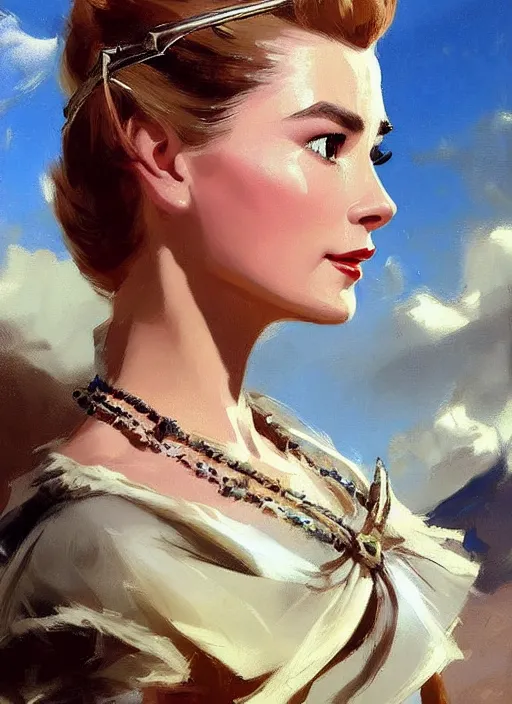 Image similar to A combination of Grace Kelly’s and Audrey Hepburn's appearance as Aloy from Horizon Zero Dawn, countryside, calm, fantasy character portrait, dynamic pose, above view, sunny day, thunder clouds in the sky, artwork by Jeremy Lipkin and Giuseppe Dangelico Pino and Michael Garmash and Rob Rey and Greg Manchess, very coherent asymmetrical artwork, sharp edges, perfect face, simple form, 100mm