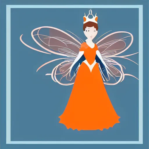 Image similar to modern minimalist vector art of a fairy tale princess in navy and burnt orange hues, clean lines