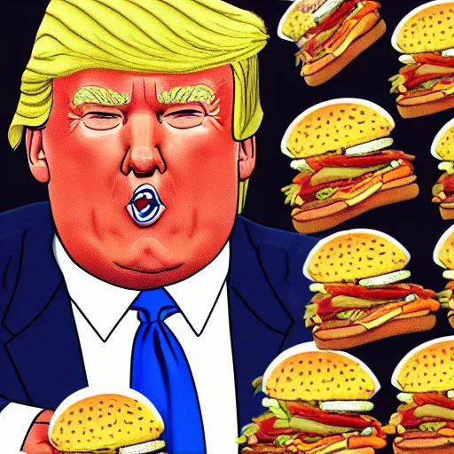 Prompt: Donald trump with hamburgers for hands, 8k, very detailed, white house