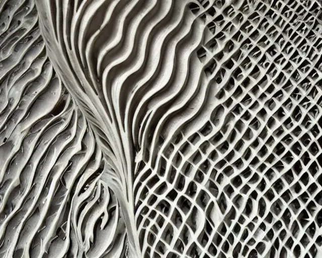 Prompt: wall craving filigree carved out of ivory about fishes fins scales, intricate insanely detailed, backlit subsurface scattering