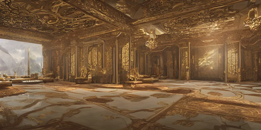 Prompt: a contemporary oriental throne room by by feng zhu , unreal engine, god rays, ue5, concept art, wide angle, 4k hd wallpaper