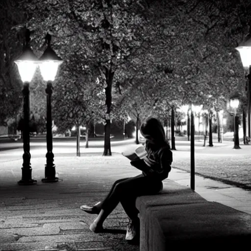 Prompt: a girl reading a book, city park, street lighting, by Emmanuel Lubezki