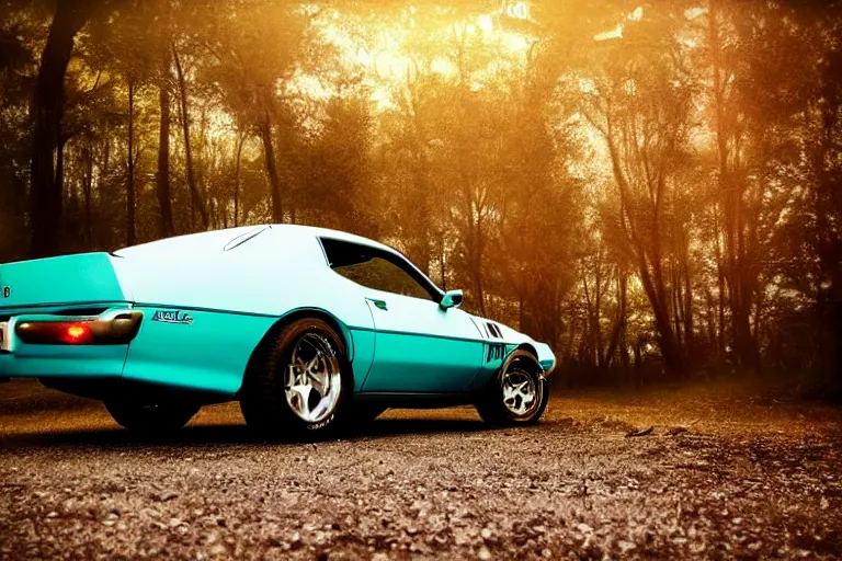 Image similar to pontiac firebird with grafitti tag on side, angelic wings attached to top of the roof, dramatic, cinematic, forest, volumetric lighting, wide shot, low angle
