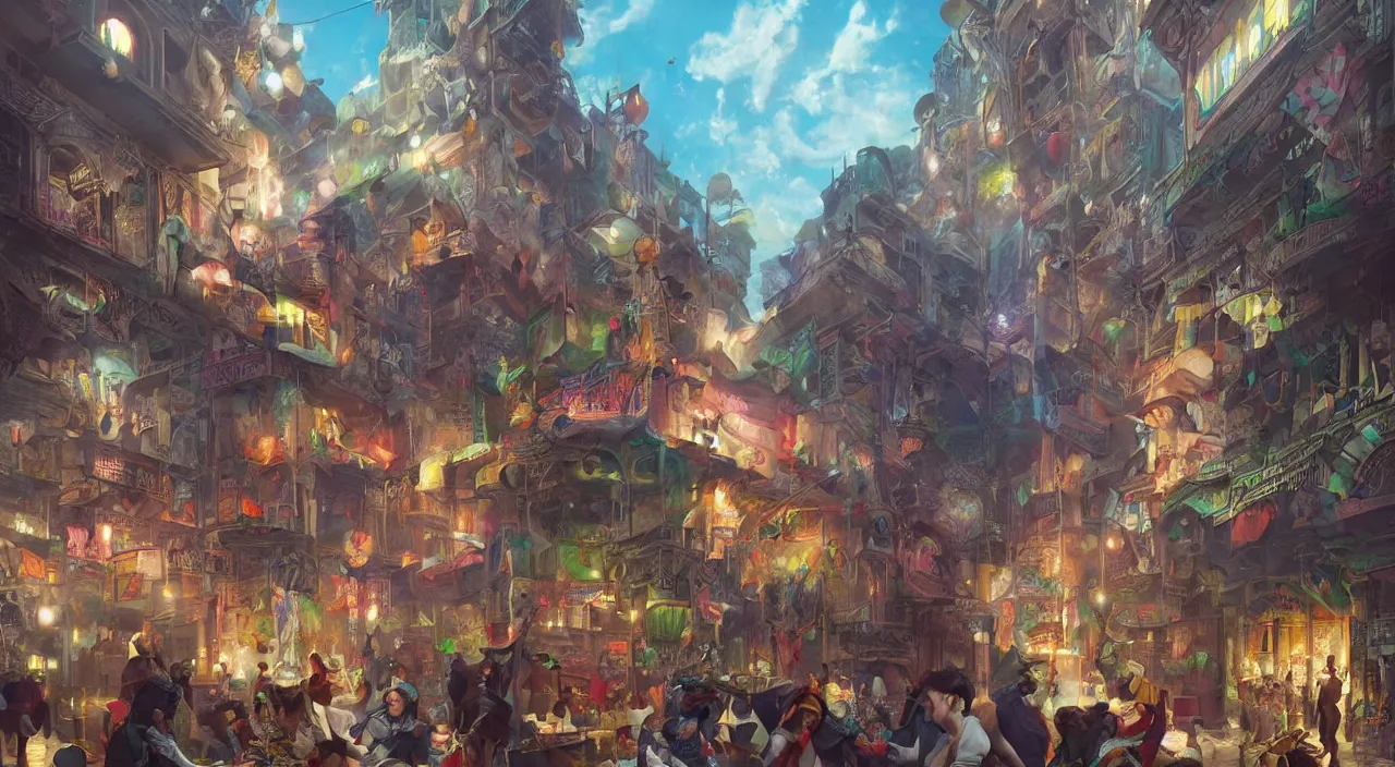 Image similar to bazaar zouk oriantal place mosquet multicolorful sky shine matte painting, street art, trending on artstation, by huang guangjian and gil elvgren and sachin teng