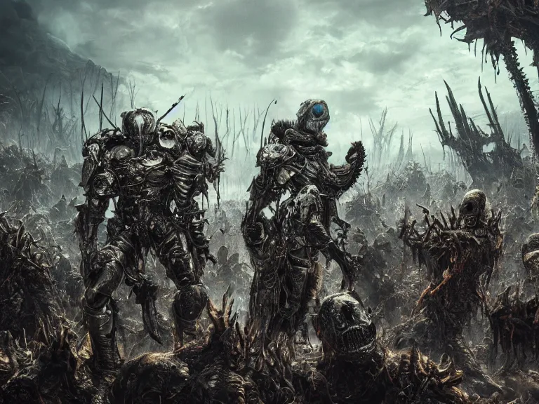 Image similar to photo of 8k ultra realistic undead army, vast landscape, detailed intricate ornate armour,decaying, cybernetic, full of colour, cinematic lighting, battered, trending on artstation, 4k, hyperrealistic, focused, extreme details,unreal engine 5, cinematic, masterpiece, art by ayami kojima, giger