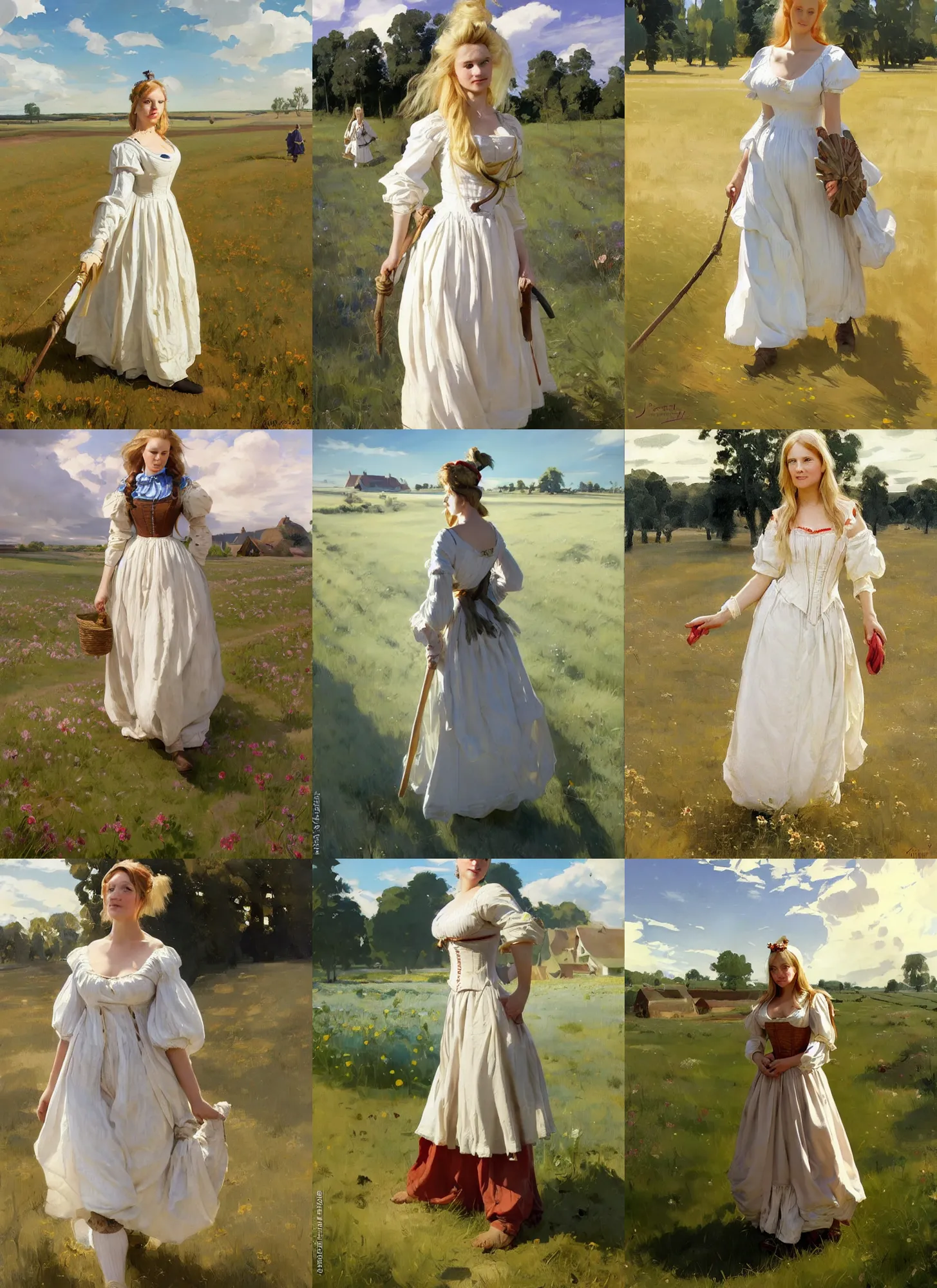 Prompt: finnish norwegian swedish scandinavian attractive hot village maiden wearing 1 7 th century bodice walking in the field in a sunny day, jodhpurs greg manchess painting by sargent and leyendecker, studio ghibli, fantasy, medium shot, asymmetrical, intricate, elegant, matte painting, illustration, hearthstone, by greg rutkowski, by greg tocchini, by james gilleard