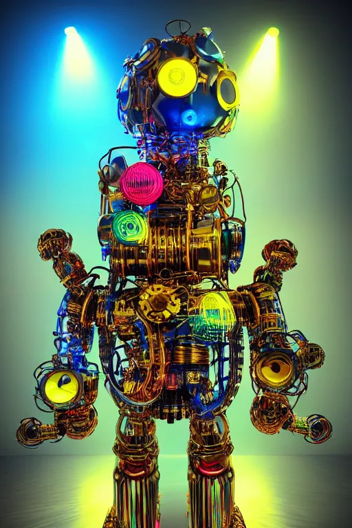 Prompt: portrait photo of a giant huge golden and blue metal humanoid steampunk robot guitarplayer covered with multicolored big gears and tubes, a huge red guitar, eyes are glowing red lightbulbs, shiny crisp finish, 3 d render, 8 k, insaneley detailed, fluorescent colors, background is multicolored lasershow