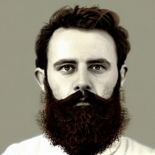 Prompt: a mugshot of a bearded man with brown hair, in style of Hilma AF Klimt