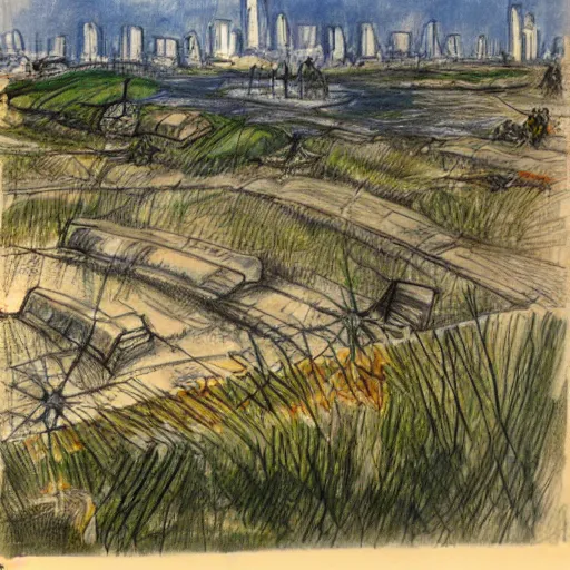 Image similar to milt kahl sketch of world war 1 trenches with the city of miami in the background