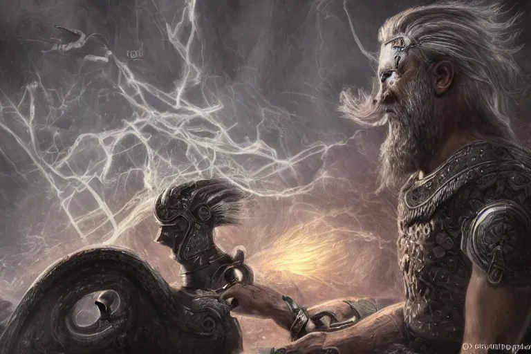 Prompt: mythological Odin all father god of thunder and artificial intelligence creating an artificial neural network with synapses on an anvil in the ethereal city of valhalla, high resolution, award winning art, trending on art station, sharp image, incredibly detailed, odin all father detailed character, realistic painting