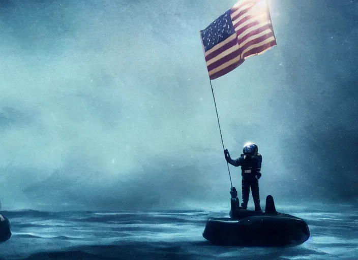 Image similar to astronaut holding a flag in an underwater desert. a submarine is visible in the distance. dark, concept art, cinematic, dramatic, atmospheric, 8 k, trending on artstation, blue, fish, low visibility, fog, ocean floor, christopher nolan, interstellar