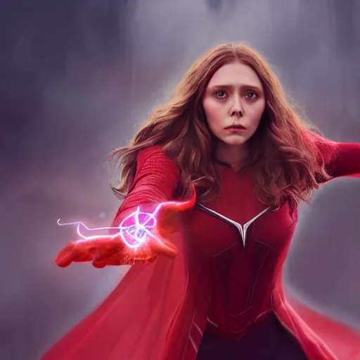 Image similar to movie still of elizabeth olsen as scarlet witch rewriting the fabric of reality, photorealistic art style, fantasy aesthetic. full - body photography, comprehensive art, thorough details, intricate, artstation, cgsociety contest winner