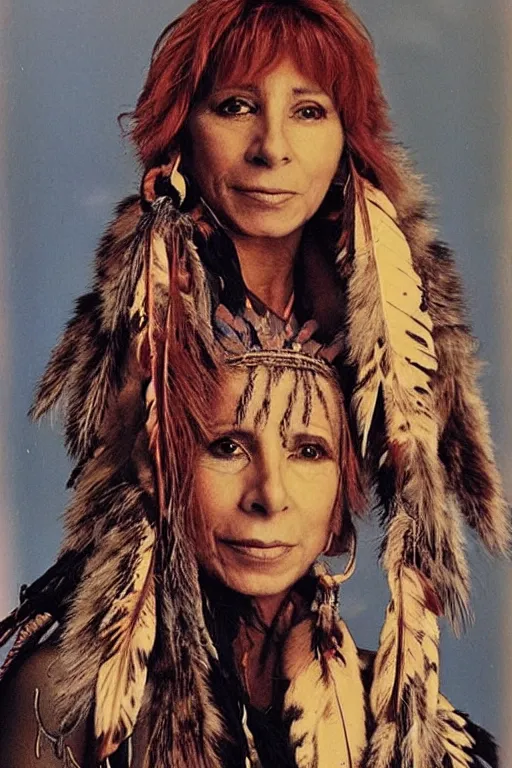 Prompt: Photo of Native American indian woman Mylene Farmer, portrait, skilled warrior of the Apache, ancient, realistic, detailed, Mylene Farmer