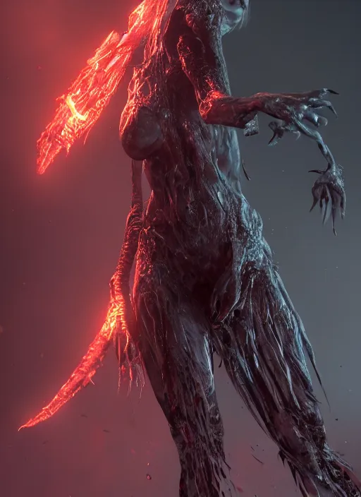 Image similar to female demon by Felix englund, full body, detailed, 8k, dark, trending on artstation, felix englund style, high resolution, Rutkowski , Sung Choi , Mitchell Mohrhauser, Maciej Kuciara, Johnson Ting, Maxim Verehin, Peter Konig, Bloodborne, 8k photorealistic, cinematic lighting, HD, high details, dramatic, atmospheric