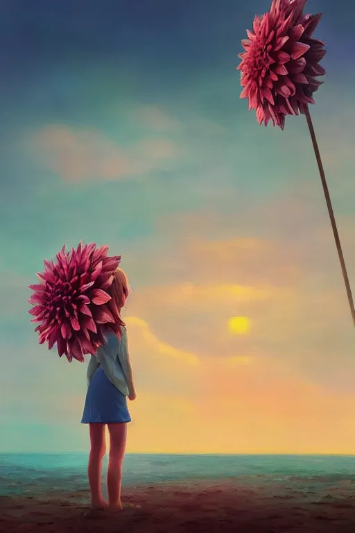 Image similar to closeup giant dahlia flower head, girl sitting on beach, surreal photography, blue sky, sunrise, dramatic light, impressionist painting, digital painting, artstation, simon stalenhag