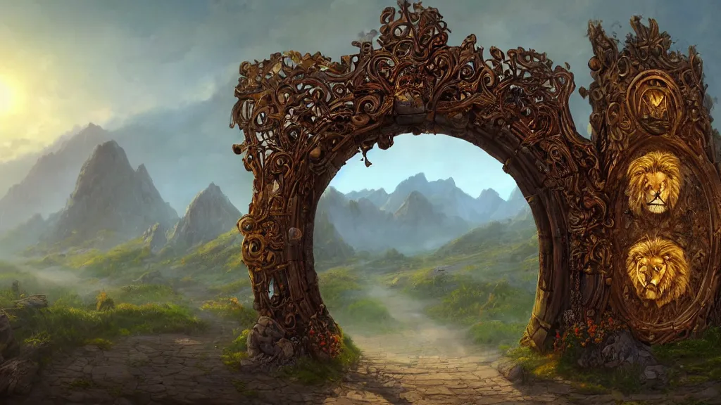 Image similar to A giant medieval fantasy portal gate with a rusty gold carved lion face at the center of it, the portal takes you to another world, full of colorful flowers on the lost Vibes and mountains in the background, spring, delicate fog, sea breeze rises in the air, by andreas rocha and john howe, and Martin Johnson Heade, featured on artstation, featured on behance, golden ratio, ultrawide angle, f32, well composed