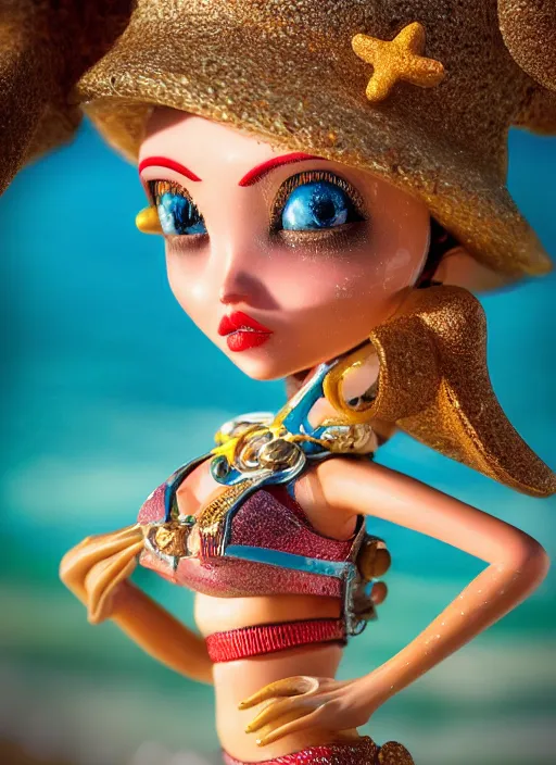 Prompt: closeup profile portrait of tin toy bikini girl surf sand, depth of field, zeiss lens, detailed, symmetrical, centered, fashion photoshoot, by nicoletta ceccoli, mark ryden, lostfish, breathtaking, 8 k resolution, extremely detailed, beautiful, establishing shot, artistic, hyperrealistic, octane render