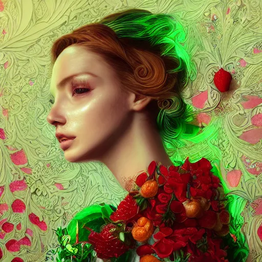 Prompt: the portrait of an absurdly beautiful, graceful, elegant, sophisticated, fashionable woman made of strawberries and green petals focusing hard, an ultrafine hyperdetailed illustration by kim jung gi, irakli nadar, intricate linework, bright colors, octopath traveler, final fantasy, unreal engine 5 highly rendered, global illumination, radiant light, detailed and intricate environment