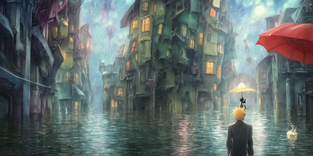 Image similar to a realistic and atmospheric cell - shaded concept art from howl's moving castle ( 2 0 0 4 ) of a multi - colored ufo. a man with an umbrella is standing in a boat in a flooded alleyway. it is a misty starry night. very dull colors, hd, 4 k, hq