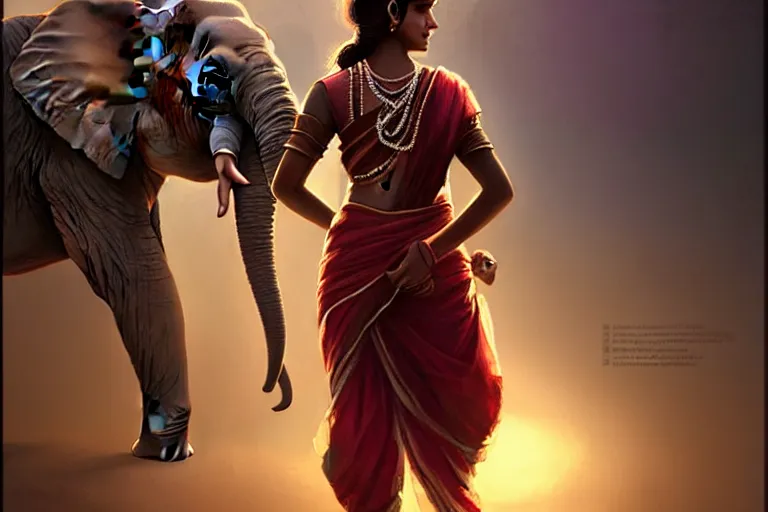 Prompt: beautiful indian girl walking. there is an elephant near her. hyper detailed, digital art, artstation, cinematic lighting, studio quality, smooth render, by caravaggio, artgerm, greg rutkowski, craig mullins