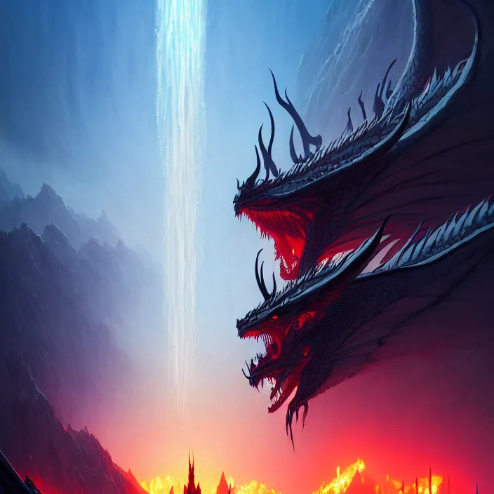 Prompt: Authentic illustrations of In The Lord of the Rings, the dragon spews its breath and burns the city,Magnificent super wide angle,high quality, 8k,high resolution, city landscape, side scrolling, 4K, Retrofuturism,by makoto shinkai,Anton Fadeev, thomas kinkade,greg rutkowski