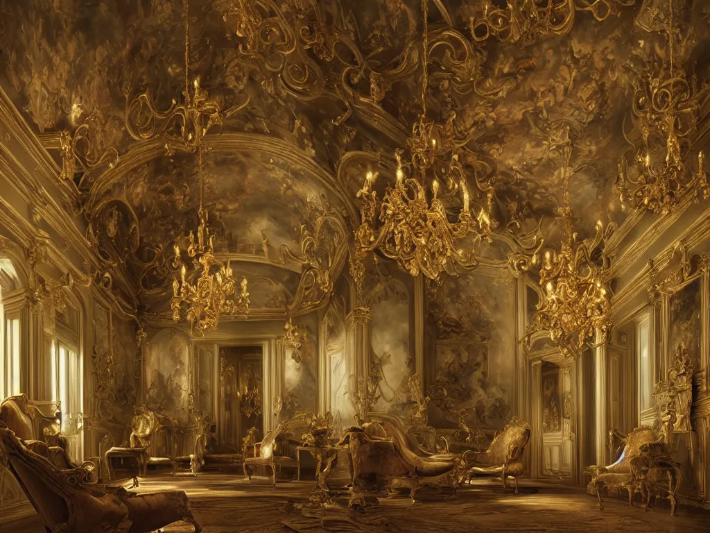 Image similar to a realistic grand gothic rococo salon with a frescoed ceiling painted with demons, warm lighting, fantasy, intricate, elegant, highly detailed, digital painting, artstation, concept art, matte, sharp focus, trompe - l'œil, volumetric light, art by willem kalf and jan philip van thielen