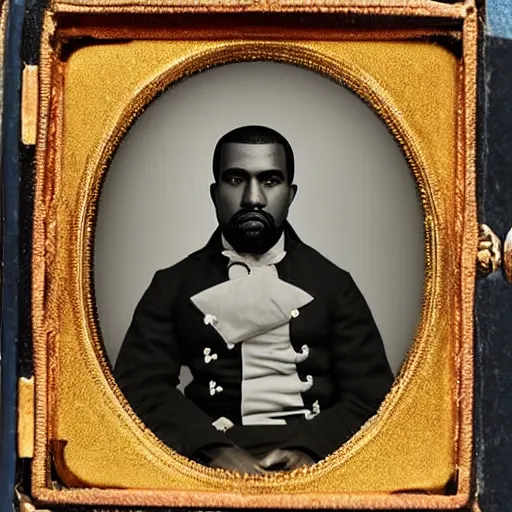 Image similar to daguerreotype portrait of kanye west wearing a confederate officer uniform, 8 k, very detailed, very intricate,