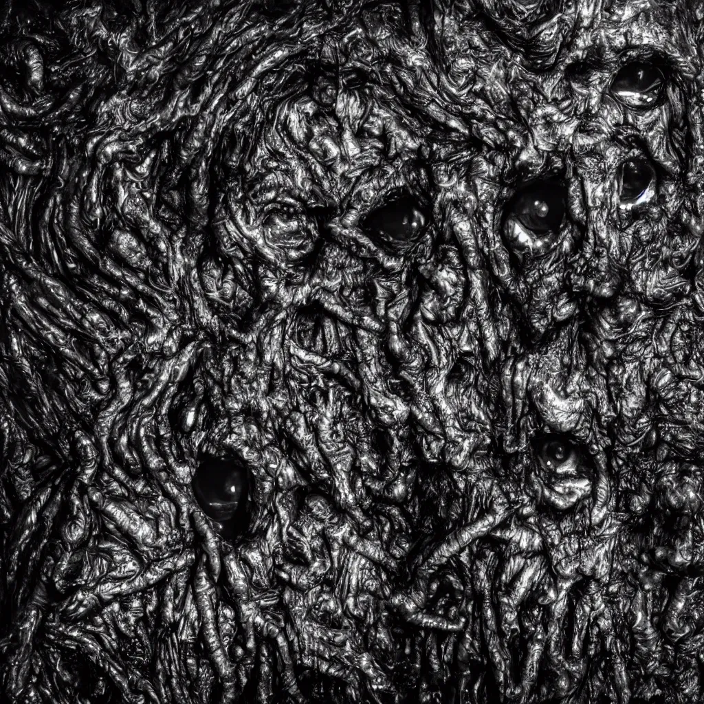 Image similar to a huge monster from dark oily gelatinous substance, with hundreds of faces just below the surface, covered in human eyes, ominous, dark lighting, barely visible from the shadows, ultrarealistic, 4 k photo, leica