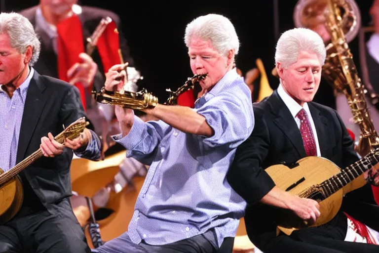 Prompt: george w bush playing banjo, bill clinton playing saxophone on stage