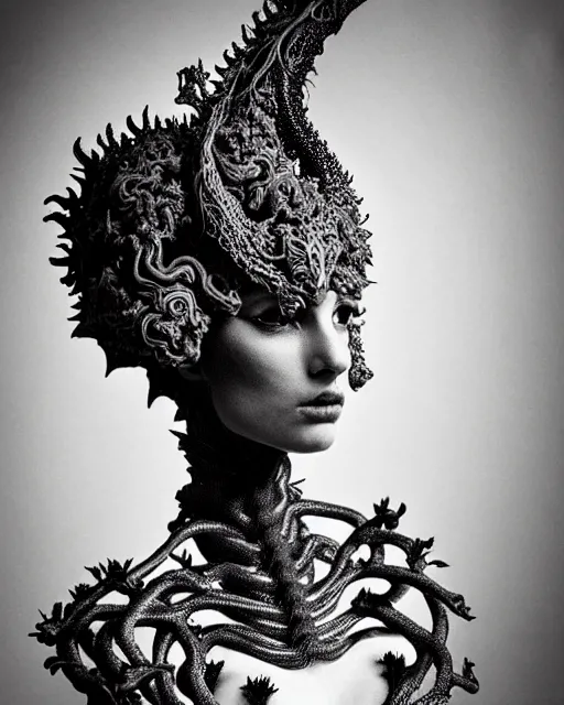 Image similar to dark background, a black and white high quality dreamy photo of a young beautiful female queen-dragon-vegetal-cyborg bust with a very long neck and delicate Mandelbrot fractal face, elegant, highly detailed, flesh highly baroque ornate, hair are curled wired cables, elegant, poetic, soft, dreamy, mysterious, high fashion, rim light, in the style of Ellen von Unwerth, Realistic, Refined, Digital Art, Highly Detailed, Cinematic Lighting, rim light, black and white, photo-realistic, 8K