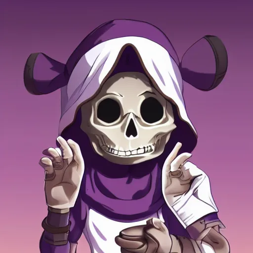 Image similar to cute little boy wearing an skull mask and dressed in an nun outfit in desert, purple color palette, artwork made in made in abyss art style, inspired in ddtank and hirohiko araki, ray tracing, soft details, anatomically correct