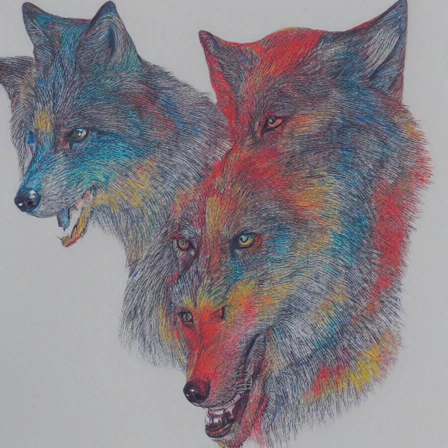 Prompt: highly detailed colored pencil drawing of a 3-headed wolf, on grainy white paper, pastels, double-exposure risograph print, faded primary colors, dusty