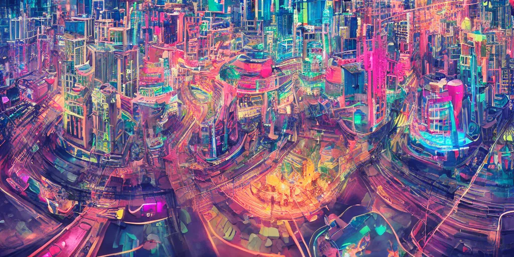 Prompt: Bustling vivid utopian city reimagined by Max Hay, fisheye lens!!!, 100mm photography, trending on artstation, 4k, 8k, lens distortion, chromatic aberration, soft focus blur, photorealistic imagery, photorealistic details, intricate, highly detailed