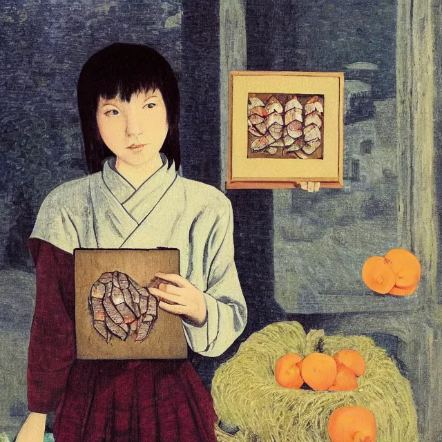 Image similar to tall emo girl artist holding a dried fish, at odawara castle, books, small portraits, persimmon, pigs, acrylic on canvas, surrealist, by magritte and monet