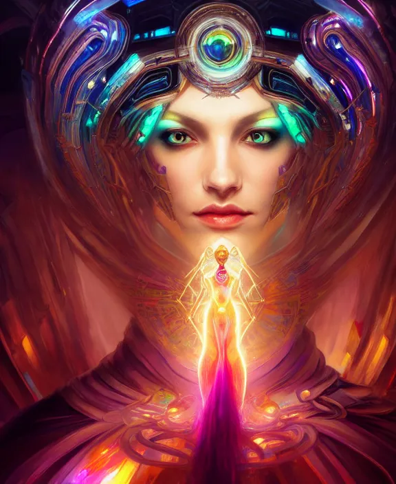 Image similar to a whirlwind of souls rushing inside the metaverse, half body, glowin eyes, tiara with sapphire, pharaoh, android, cyberpunk, d & d, fantasy, intricate, elegant, highly detailed, colorful, vivid color, digital painting, artstation, concept art, art by artgerm and greg rutkowski and alphonse mucha and ruan jia