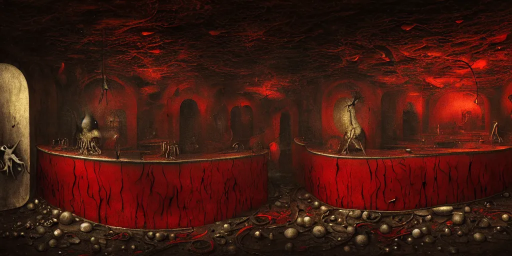 Image similar to surreal bar interior in hell by hieronymus bosch, animal body parts, red blood dripping, wide shot, baroque painting, dreamlike atmosphere, surreal abandoned buildings, beautiful detailed intricate insanely detailed octane render trending on artstation, soft natural volumetric cinematic perfect light, masterpiece, 8 k artistic photography, chiaroscuro, raphael, caravaggio, beksinski