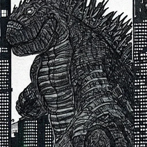 Prompt: godzilla drawn by frank miller