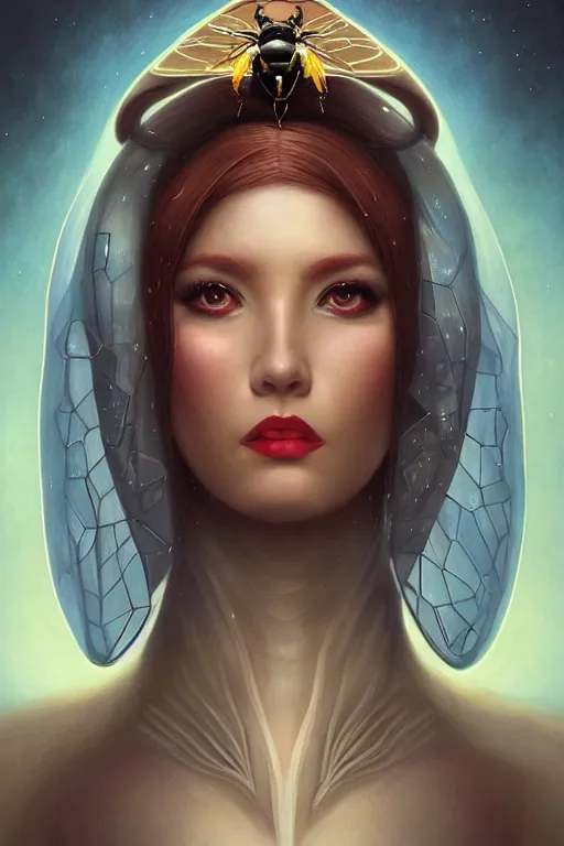 Prompt: portrait of an elegant alien bee woman queen, straight on portrait, by artgerm, tom bagshaw, gerald brom, vaporwave colors, lo - fi colors, vaporwave, lo - fi, moody vibe, goth vibe, full body,