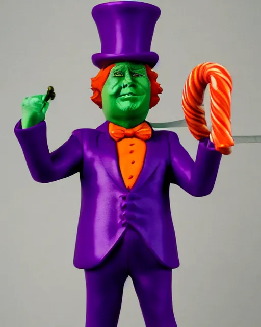 Image similar to wide angle full body photo of a maquette sculpture of donald trump as willy wonka, he is wearing a victorian era purple jacket and pants, and a velvet purple top hat over his long orange hair. he is holding a candy cane colored cane. his skin is an orange color like an oompa loompa. in the style of sideshow collectibles, highly detailed sculpture