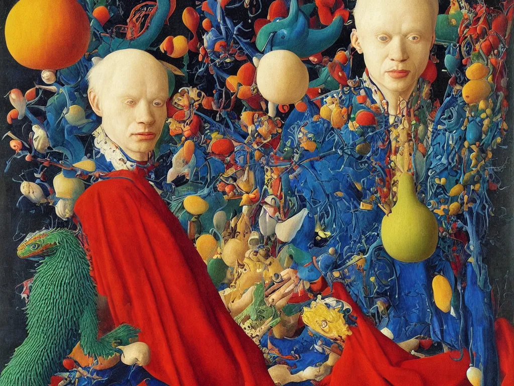 Image similar to Portrait of albino mystic with blue eyes, with exotic beautiful Mandarin Dragonet. Painting by Jan van Eyck, Audubon, Rene Magritte, Agnes Pelton, Max Ernst, Walton Ford