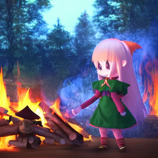 Image similar to cute fumo plush manic happy pyromaniac girl giddily starting a huge bonfire in the forest, horned demon imp girl, stylized pbr anime shader, burning flames, warm glow and volumetric smoke vortices, filmic, rule of thirds composition, vignette, vray