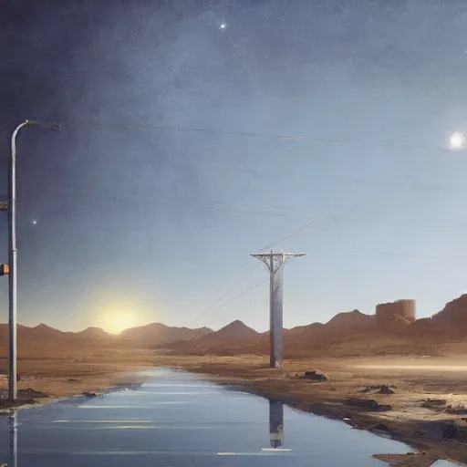 Prompt: desert spaceport junction, chillwave, electronic billboards, tech noir, wet reflections, atmospheric, ambient, livia prima, greg rutkowski, edward hopper, pj crook