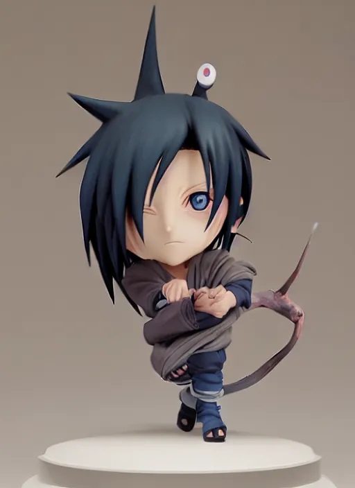 Prompt: cute chibi uchiha sasuke anime figurine, sharing an eyes, art by gerald brom, greg rutkowski and artgerm and james jean and zdzisław beksinski, unreal engine, studio lighting