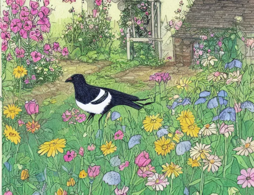 Prompt: magpie in a cottage garden. this drawing by the beloved children's book illustrator has a beautiful composition, interesting color scheme, flat shading.