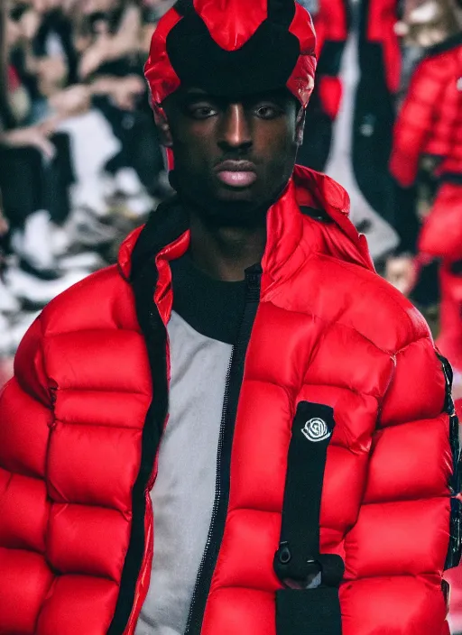 Image similar to hyperrealistic and heavy detailed moncler runway show of whole lotta red by playboi carti, leica sl 2 5 0 mm, vivid color, high quality, high textured, real life